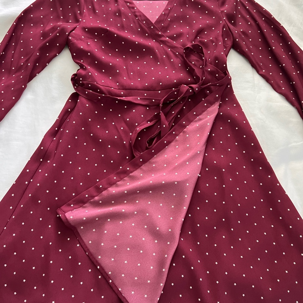 LOFT Red Wrap Dress with Bishop Sleeves and V-Neck